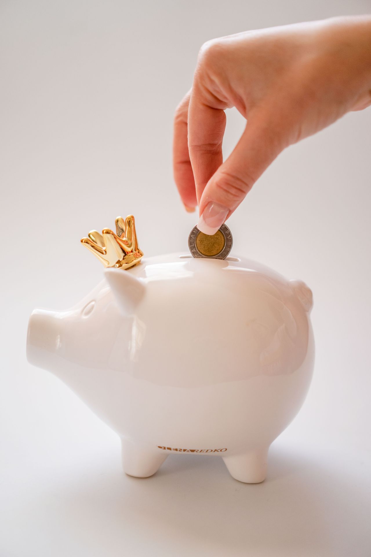 Hand putting a coin into a piggy bank while working toward a savings goal